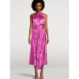 NWT SABINA MUSAYEV Satin Midi Dress  Pink Floral embossed Barbiecore L
